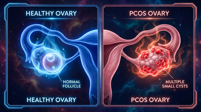 Comparison of healthy ovary and pcos ovary with normal follicles and multiple