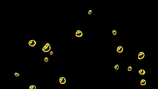 4K Squint Laugh Emoji Bubble Particles Floating on Black Background | 10-sec Animated Grinning Face Dynamic Random Emoji Particle Effect Loop 
