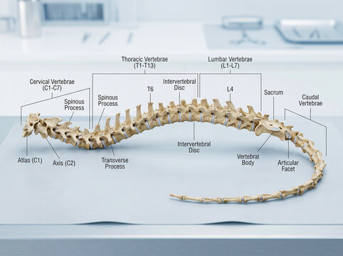 Detailed zoological infographic of domestic cat spine anatomy highlighting atlas, axis, and sacrum.