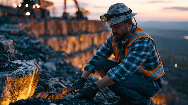 Quarry blasting engineer plants detonation charges along a limestone bench face at twilight, safety exclusion zone markers visible, dust haze settling over terraced rock layers, heavy machinery park