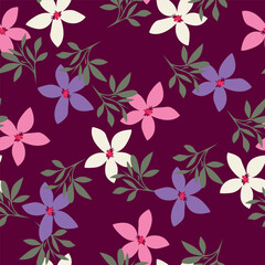 Vintage seamless floral pattern. Liberty style background of small mauve and lilac flowers. Small flowers scattered over a white background. Stock vector for printing on surfaces. Realistic flowers.  © YULIA