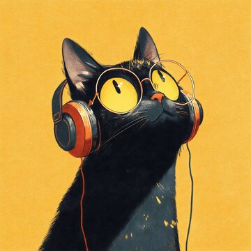 Quirky digital illustration of a black cat wearing round glasses and headphones on yellow background