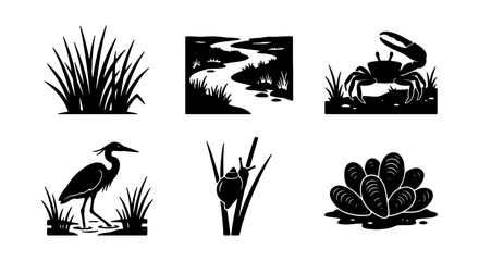 Wetland Ecosystem Icons: Heron, Crab, Snail, Reeds, River, Mussels Vector Graphics © RAFI
