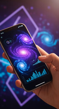 A hand holds a smartphone displaying a vibrant galaxy interface with data charts, symbolizing technology and cosmic exploration, perfect for science and innovation themes.