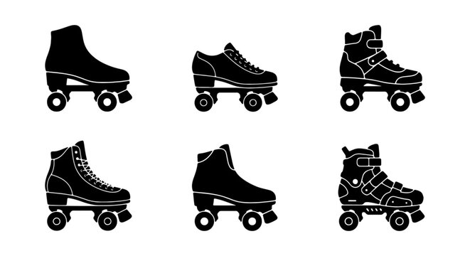 Six Black Silhouette Roller Skate Icons, Quad Skates, Retro Sport Footwear Vector Set