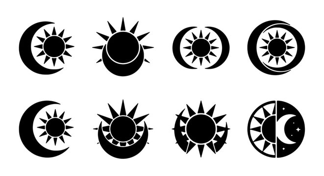 Celestial Icons: Sun and Moon Symbols, Cosmic Elements, Mystical Astrology Graphics, Vector Set