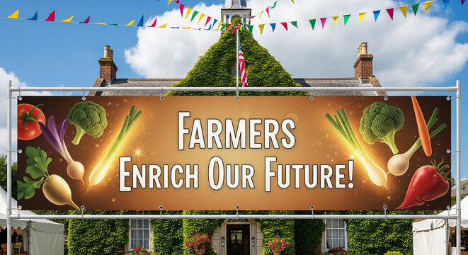 Banner with fresh vegetables and text "Farmers Enrich Our Future!" displayed in front of a building with greenery, symbolizing agriculture and future growth