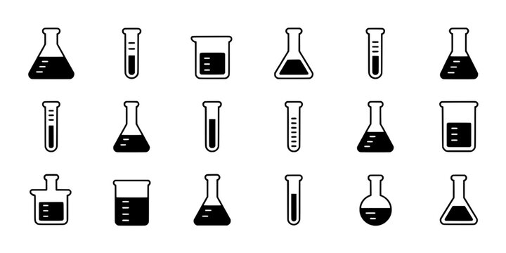 Lab beaker and test tube icons set with bold outlines, simple chemistry glassware collection for science posters