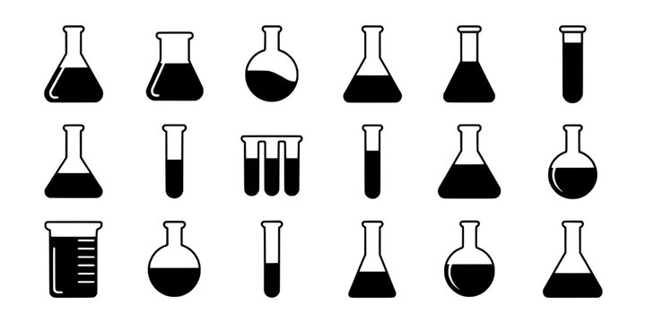 Lab flasks set of black and white chemical glassware icons with test tubes and beakers for education and science design