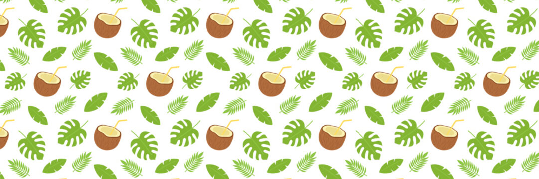 tropical coconut and palm leaves summer seamless pattern vector illustration.