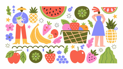 Colorful fruit and floral arrangement vector illustration with scattered stars and a woven basket apple banana berries citrus clementine cucumber grape © Kapil