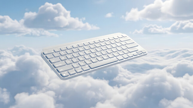 Conceptual 3D illustration of a mechanical computer keyboard floating among fluffy white clouds in a blue sky