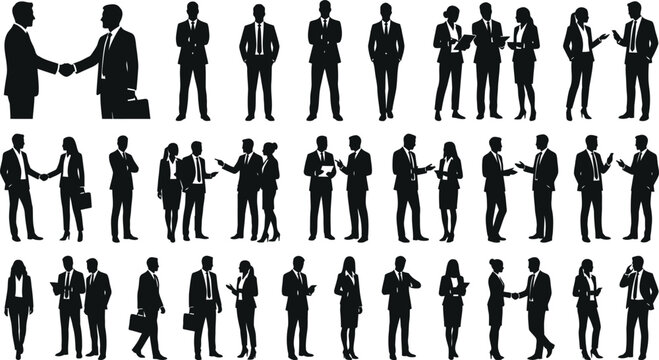 Business people silhouettes set with corporate teamwork communication handshake and professional office meeting isolated collection