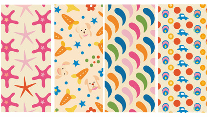 Colorful repeating patterns featuring starfish puppies rockets and abstract shapes on a pale yellow background pattern design sea star motif marine © Kapil