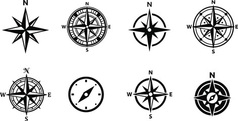 Obraz premium Collection of black compass rose silhouette icons on white background
