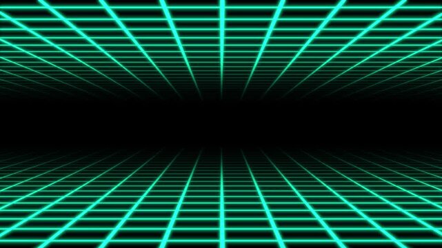 3d perspective grid lines loop animation on black screen background, Looping 3D animation of green grid tunnel, abstract futuristic retrowave poster design.