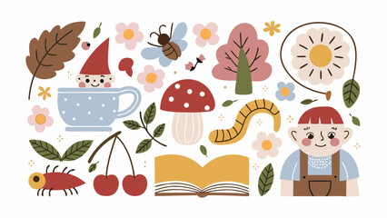 Obraz premium Floral ornament with gnome caterpillar and mushroom elements in a flat vector illustration style cherry flower leaf bug beetle sun teacup