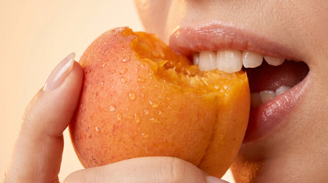 Close-up of a woman's mouth biting into a juicy, water-droplet-covered apricot
