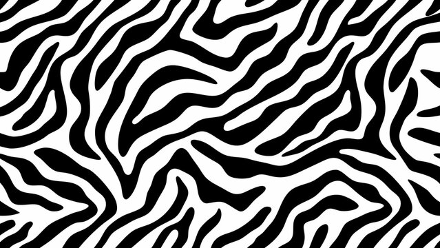 A seamless zebra stripe pattern features bold black and white organic shapes with flowing curves animal print contrast decorative design element