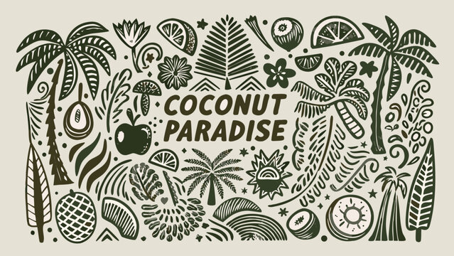 Tropical floral ornament with coconuts palm leaves and hibiscus flowers in a monochromatic green style coconut flower tropics pattern illustration vector