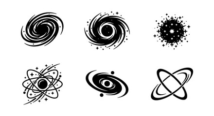 Cosmic Swirls, Galaxies, and Atomic Icons: Black Space Vector Set © Maisha