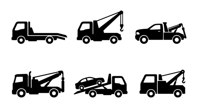 Tow Truck Icons, Flatbed Truck Vector Set, Car Carrier Graphics