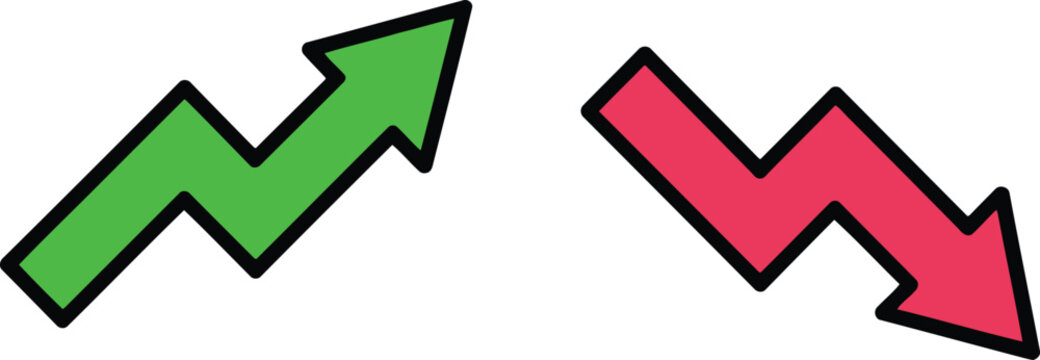 Green upward trending arrow and red downward trending arrow on a white background, for financial analysis