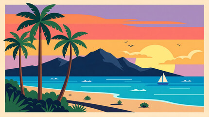 Obraz premium Beautiful flat 2D tropical beach landscape with palm trees, mountains, ocean, and sunset sky. Ideal for travel, vacation, tourism, and summer themes.