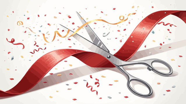 A pair of scissors cutting a red ribbon with confetti and streamers in the background, symbolizing a grand opening or celebration