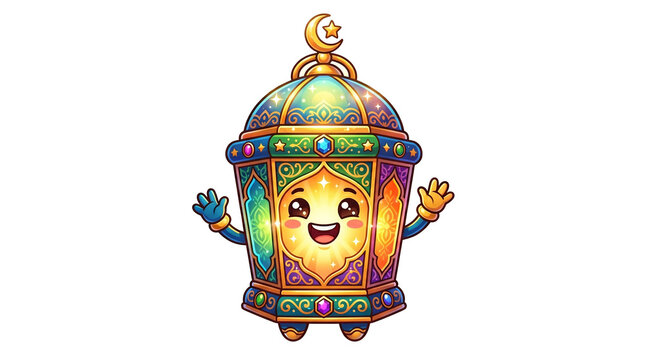 Cute smiling cartoon glowing Islamic lantern fanoos character waving hands isolated 