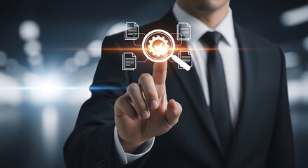 Fototapeta premium Businessman touching magnifying glass with gear and document icons on screen hand