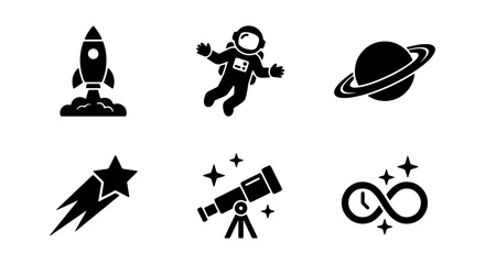 Space Icons Set: Rocket, Astronaut, Saturn, Star, Telescope, Infinity Clock © KALA