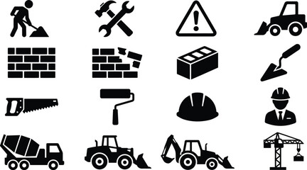 Construction icon set vector isolated on white background black silhouette under development industry graphic elements collection © VactorZone