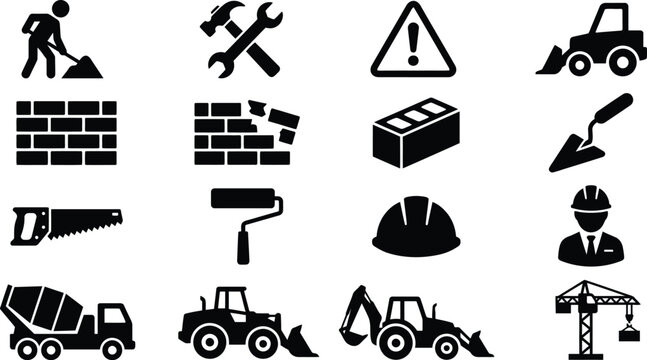 Construction icon set vector isolated on white background black silhouette under development industry graphic elements collection