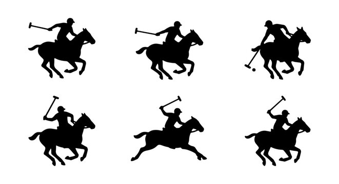Polo Player Silhouettes, Dynamic Horse Riding Icons, Sport Action Graphics, Vector Set
