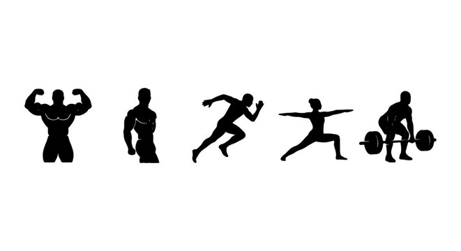 Fitness Icons Vector Set: Bodybuilder, Runner, Yogi, Weightlifter, Silhouette