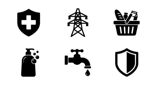 Essential Services Icons: Health, Power, Food, Hygiene, Water, Security Vector Set