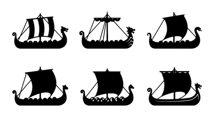 Viking Ship Silhouettes, Nordic Longboat Icons, Ancient Scandinavian Vessels Collection © KALA