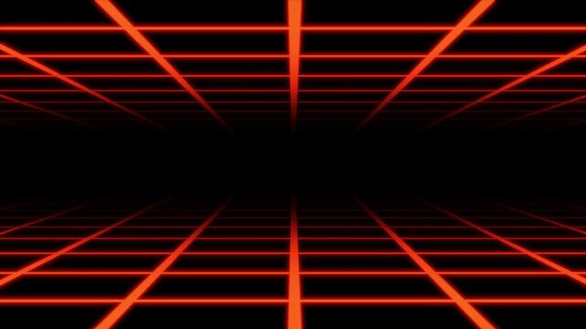 3d perspective grid lines loop animation on black screen background, Looping 3D animation of red grid tunnel.