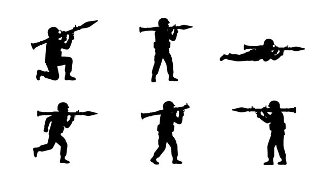 Military Soldier Silhouettes, RPG Weapon Poses, Combat Action Vector Set