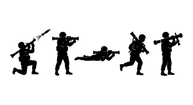 Soldier Silhouettes, Military Action Poses, Vector Art, Combat Figures, Weaponry