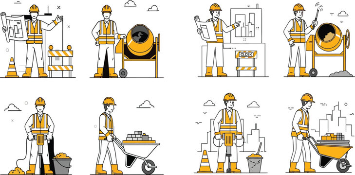 Construction workers with tools and building plans illustrating different stages of construction work hard hat safety vest cement mixer heavy equipment construction building illustration