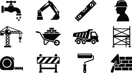Set of construction and building icons industrial worker tools silhouettes vector flat illustration isolated on white background © VactorZone
