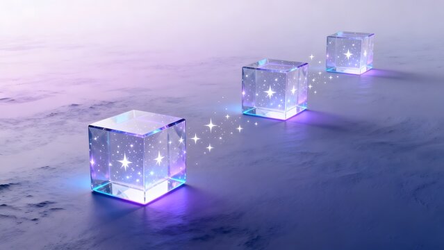 Three glowing cubes with starlight