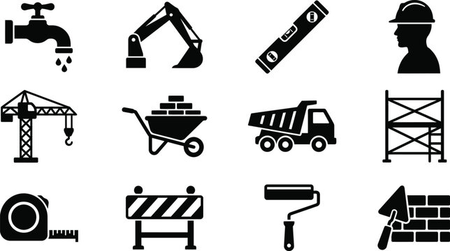 Set of construction and building icons industrial worker tools silhouettes vector flat illustration isolated on white background