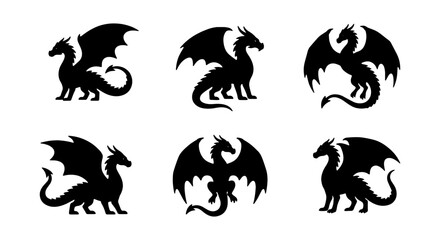 Obraz premium Mythical Dragon Silhouettes, Fantasy Creature Icons, Vector Art Collection