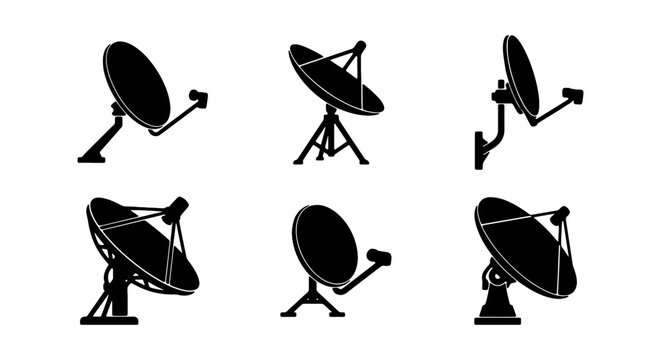 Satellite Dish Icons Set, Communication Antenna Vector Graphics, Signal Receiver Collection