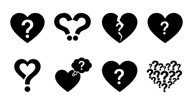 Heart Question Mark Icons, Love Uncertainty Symbols, Relationship Doubt Icons, Black Vector Set