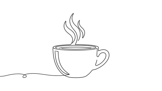 Animation of line drawing of a cup of coffee with rising steam, symbolizing morning routines, energy, and daily comfort.