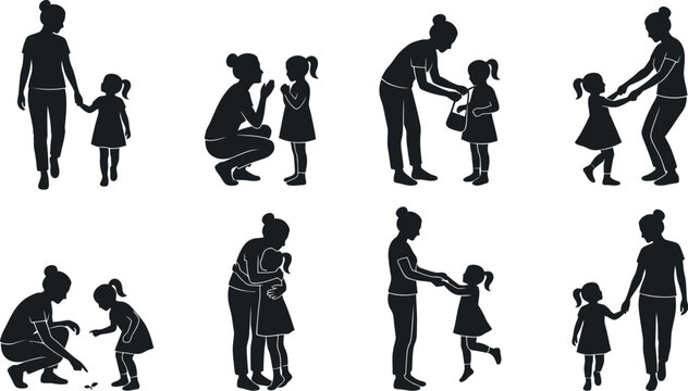 Mother And Daughter Silhouettes Black Vector Illustration On White Background